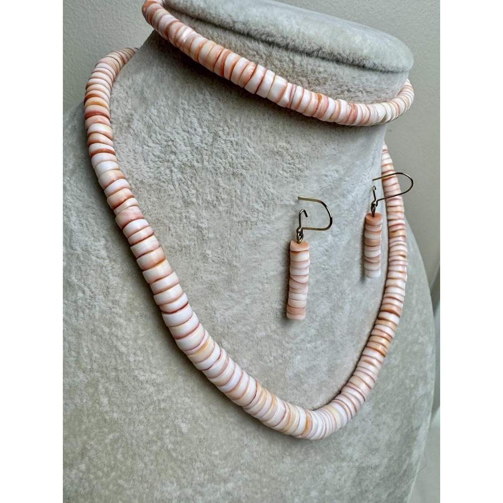 Vintage Spiny Oyster Heishi Shell Beaded Necklace Set Southwestern Pink Cowgirl - Picture 2 of 9